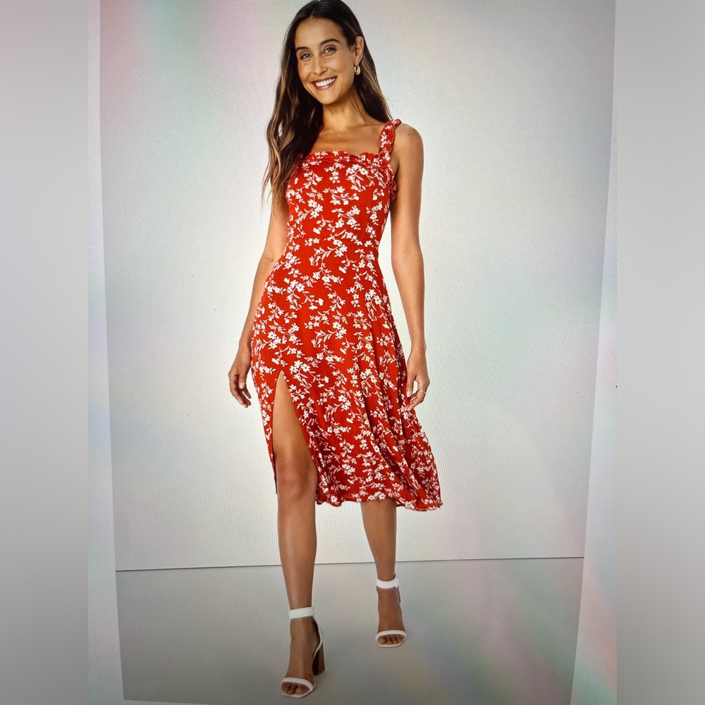 Red and white flowered midi dress